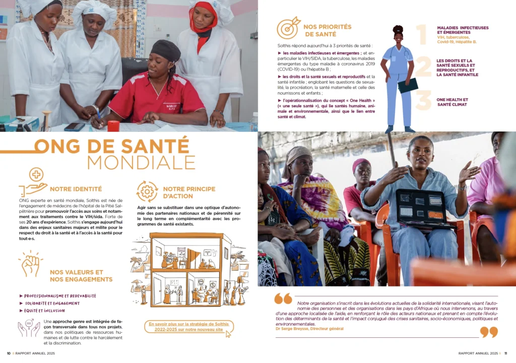 Page du rapport d’activité 2025 de Solthis consacrée à la présentation de Solthis.